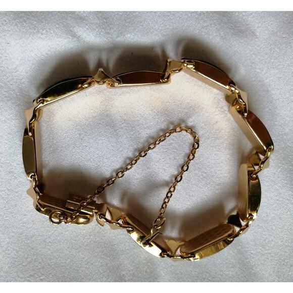 Vintage IA Signed Gold Inlaid Damascene Panels Bracelet Hinged Safety Chain - Picture 5 of 5